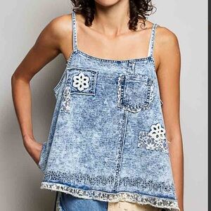 💕 NEW! POL Denim Blue Women's Crochet with Lace Accents